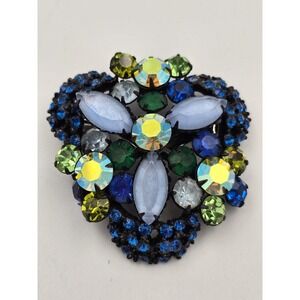 Vintage Mid-Century Rhinestone Brooch Pin Blue Green Japaned Bijiou AB Uranium